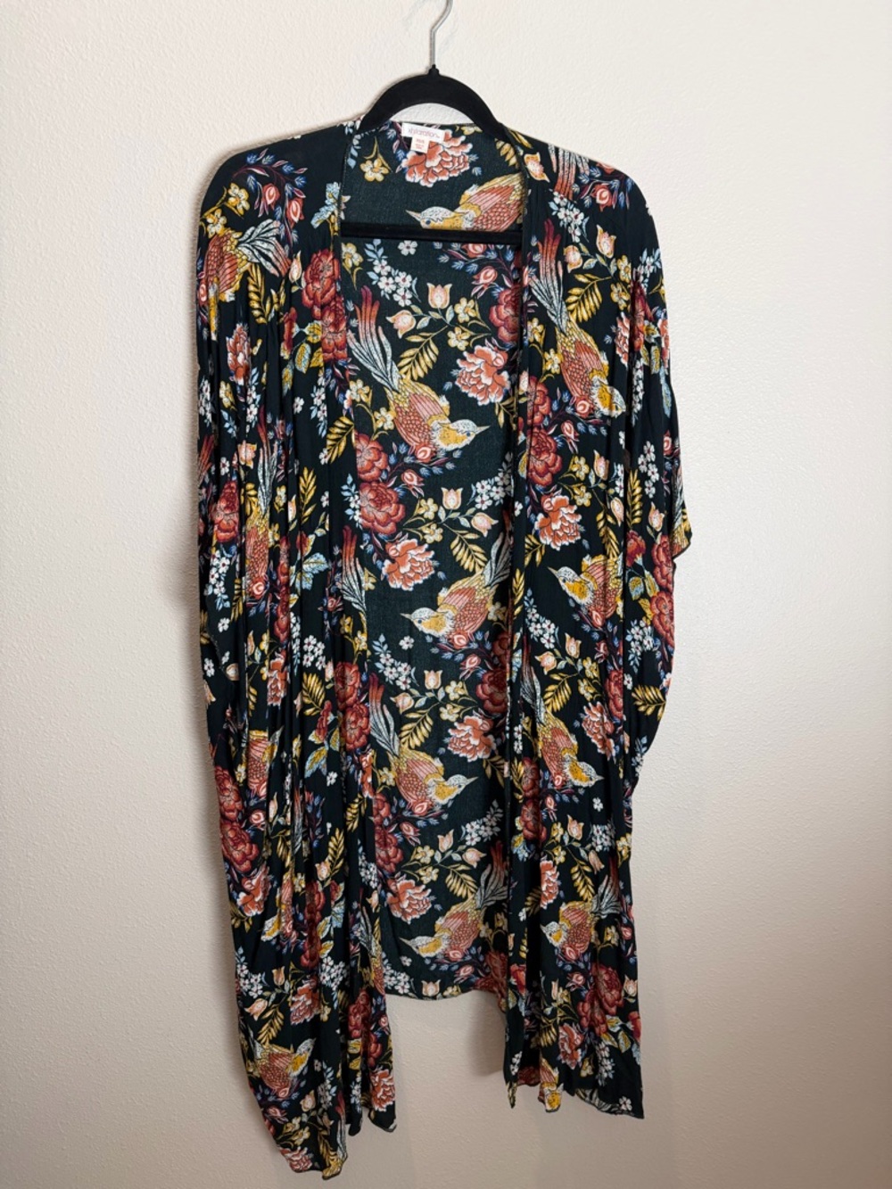 Floral Bird Print Open Front Kimono - Black Multi